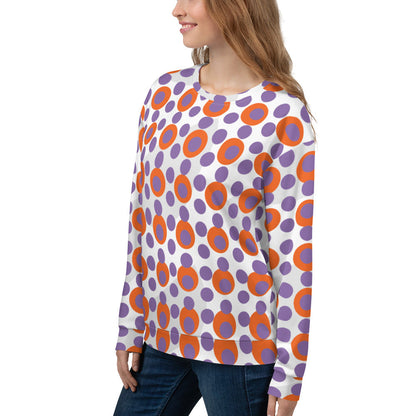 Good Wishes 365 women's recycled crew neck sweatshirt featuring a 70s pop art orange and light purple polka dot print.