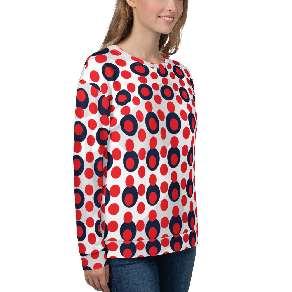 Good Wishes 365 recycled sweatshirt featuring a 70s pop art red and navy polka dot print on a white background