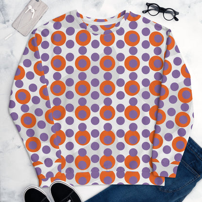 Good Wishes 365 women's recycled crew neck sweatshirt with a 70s pop art orange and purple polka dot print