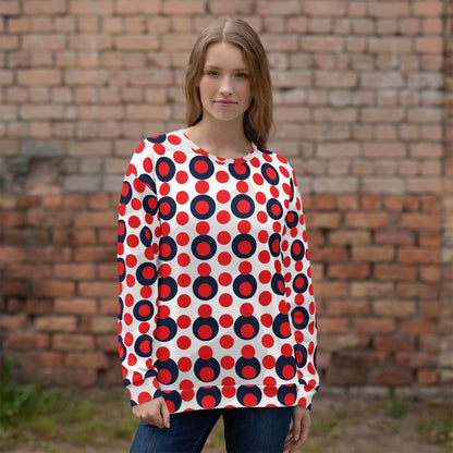 Good Wishes 365 women's recycled sweatshirt with a 70s pop art red and navy polka dot print on a white background