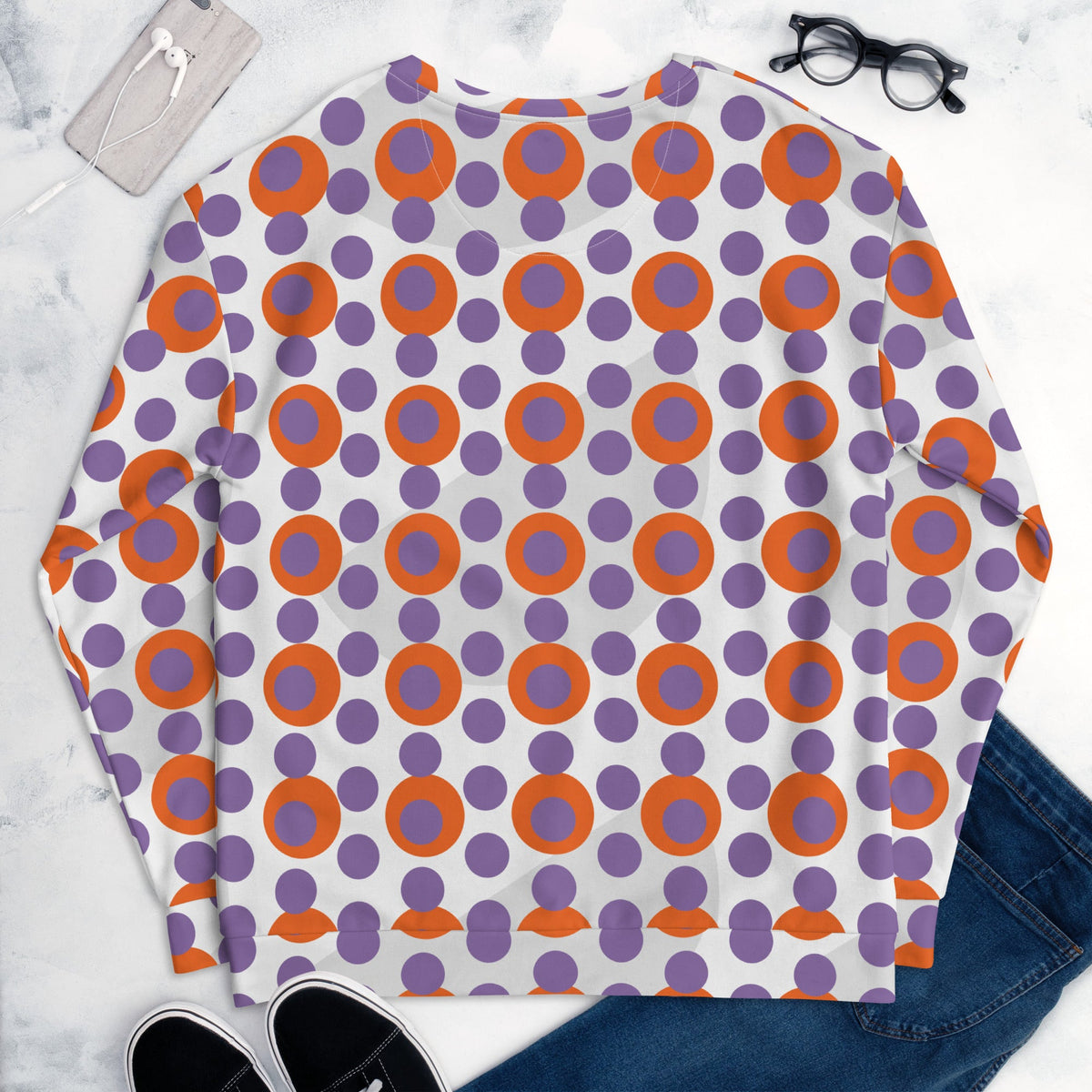 Good Wishes 365 recycled sweatshirt with a 70s pop art orange and light purple polka dot print on a white background