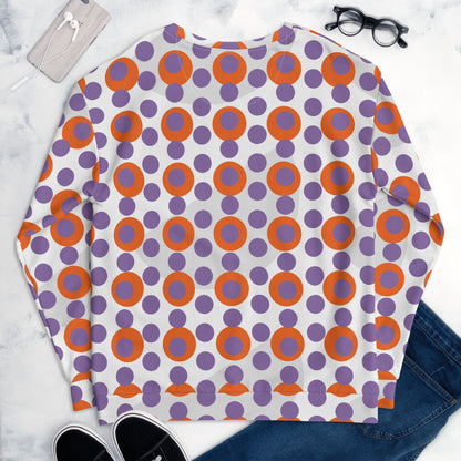 Good Wishes 365 recycled sweatshirt with a 70s pop art orange and light purple polka dot print on a white background