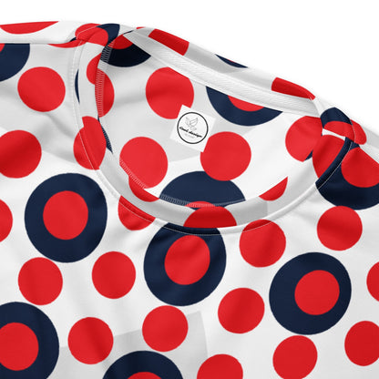 Good Wishes 365 recycled sweatshirt with a 70s pop art red and navy polka dot pattern on a white crew neck