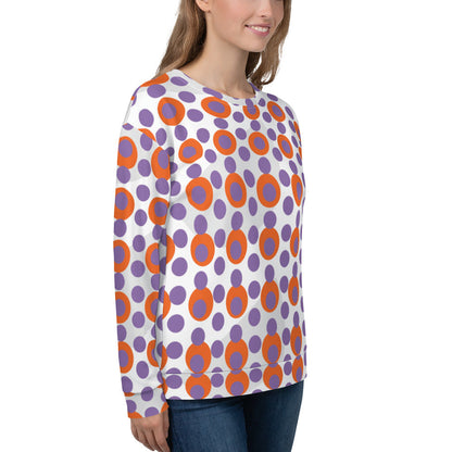 Good Wishes 365 women's recycled sweatshirt featuring a 70s pop art orange and light purple polka dot print