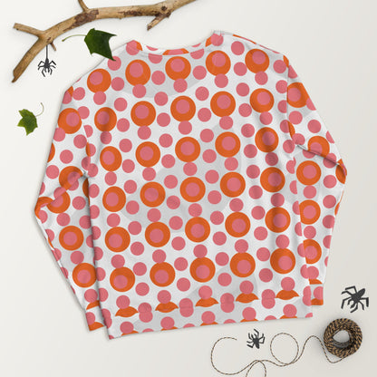 Good Wishes 365 recycled sweatshirt featuring a 70s pop art pink and orange polka dot pattern on a white background