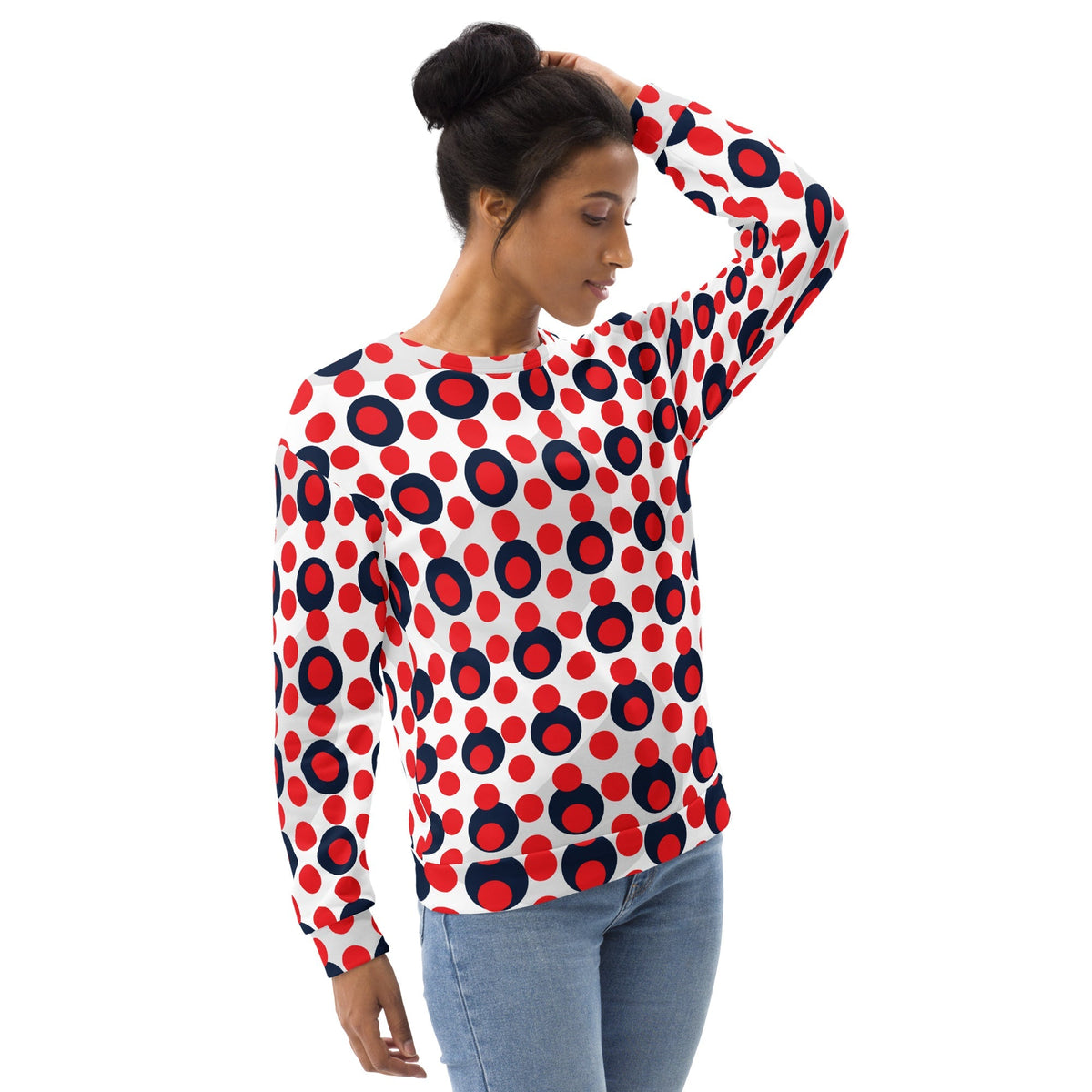 Good Wishes 365 women's recycled sweatshirt with a 70s pop art red and navy polka dot print on a white background