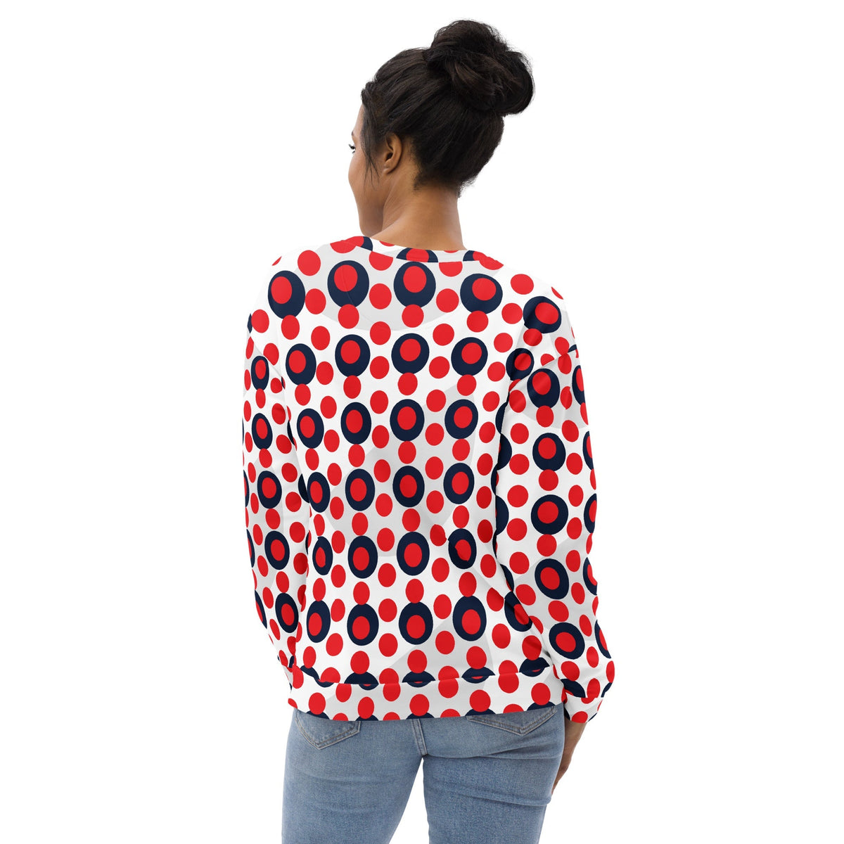 Good Wishes 365 women's recycled sweatshirt with a 70s pop art red and navy polka dot print on a white background