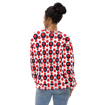Good Wishes 365 women's recycled sweatshirt with a 70s pop art red and navy polka dot print on a white background