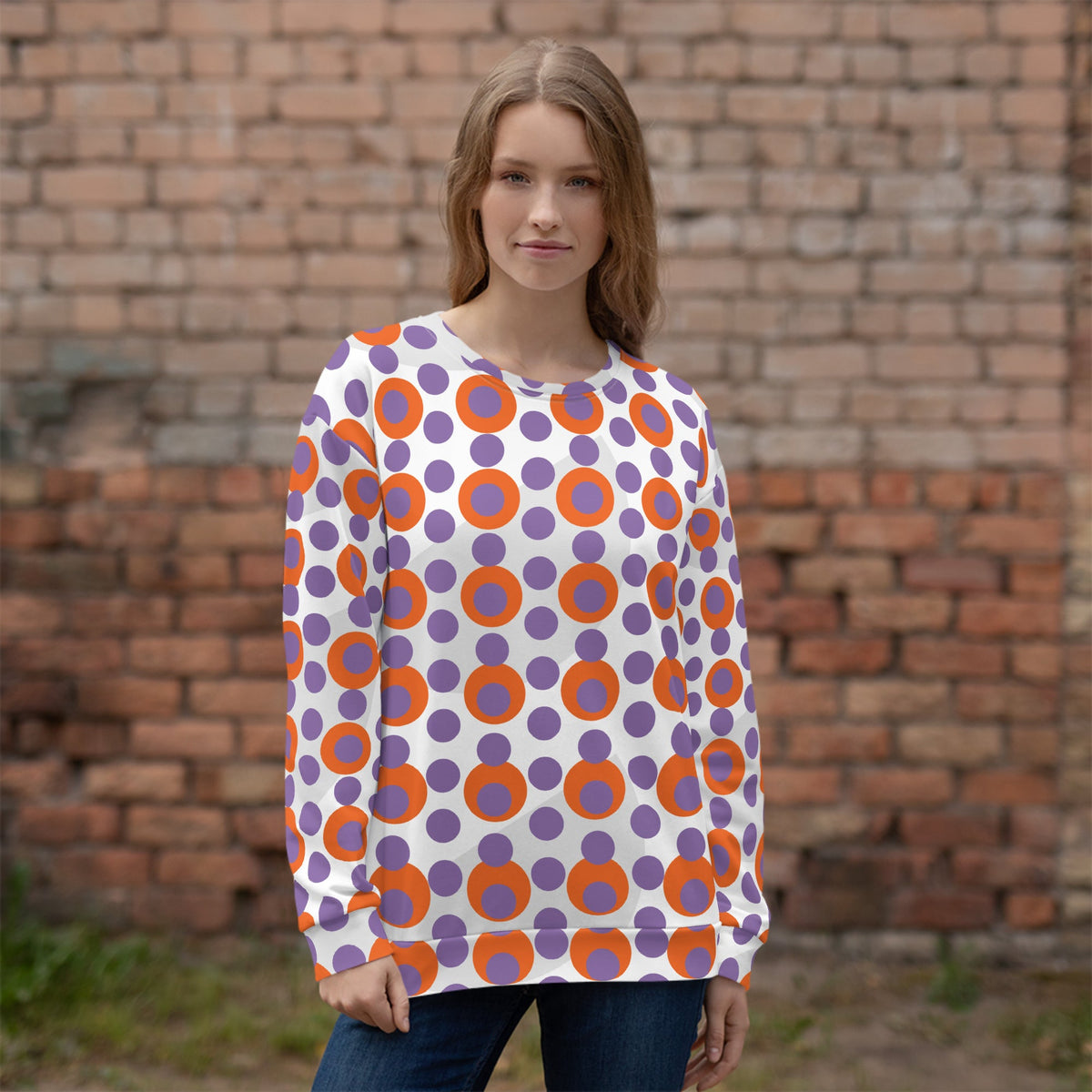 Good Wishes 365 women's recycled sweatshirt with a 70s pop art orange and purple polka dot print on white background