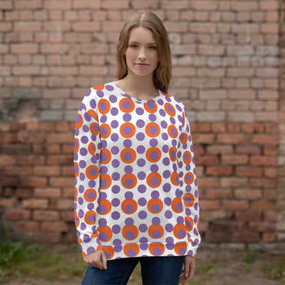 Good Wishes 365 women's recycled sweatshirt with a 70s pop art orange and purple polka dot print on white background