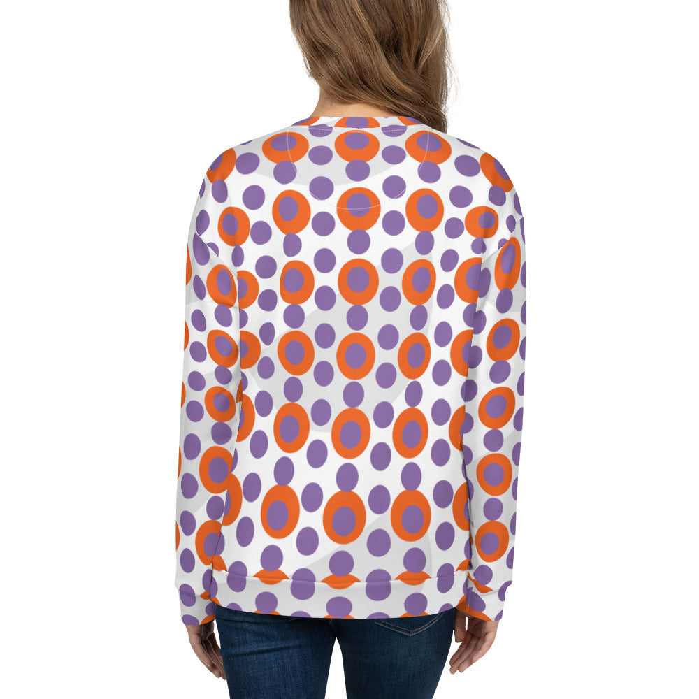 Good Wishes 365 women's recycled sweatshirt featuring a 70s pop art orange and light purple polka dot pattern