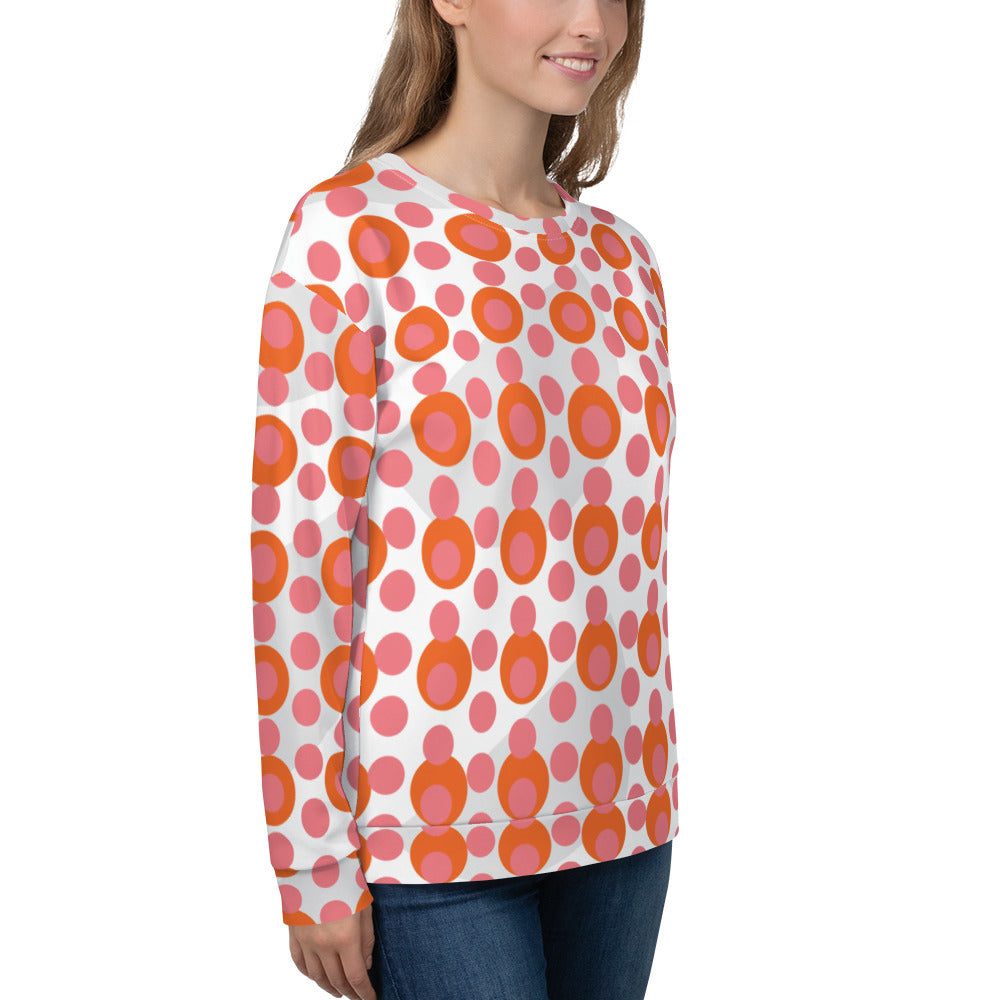 Good Wishes 365 women's recycled sweatshirt featuring a 70s pop art pink and orange polka dot pattern on white