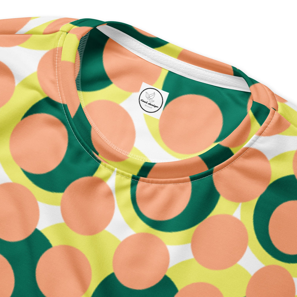 Good Wishes 365 recycled sweatshirt featuring a 70s pop art geometric circle print in pink, yellow, and forest green.