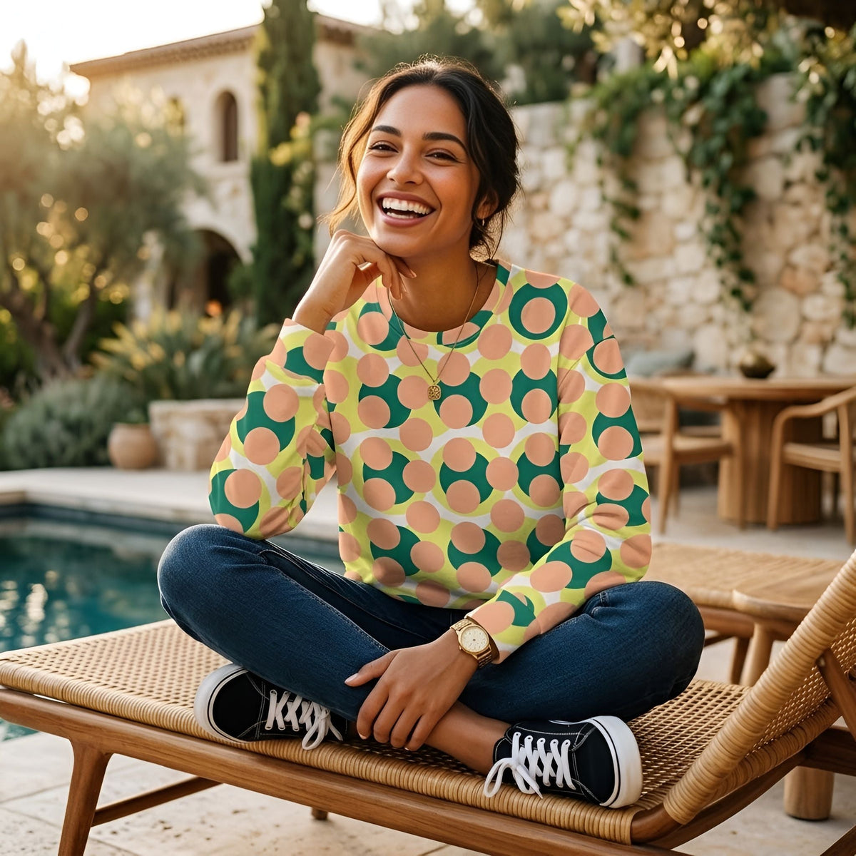 Good Wishes 365 pink recycled sweatshirt with 70s pop art geometric print worn by a smiling woman by a pool