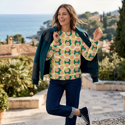 Good Wishes 365 women's recycled sweatshirt with a 70s pop art geometric print in pink, yellow, and forest green.