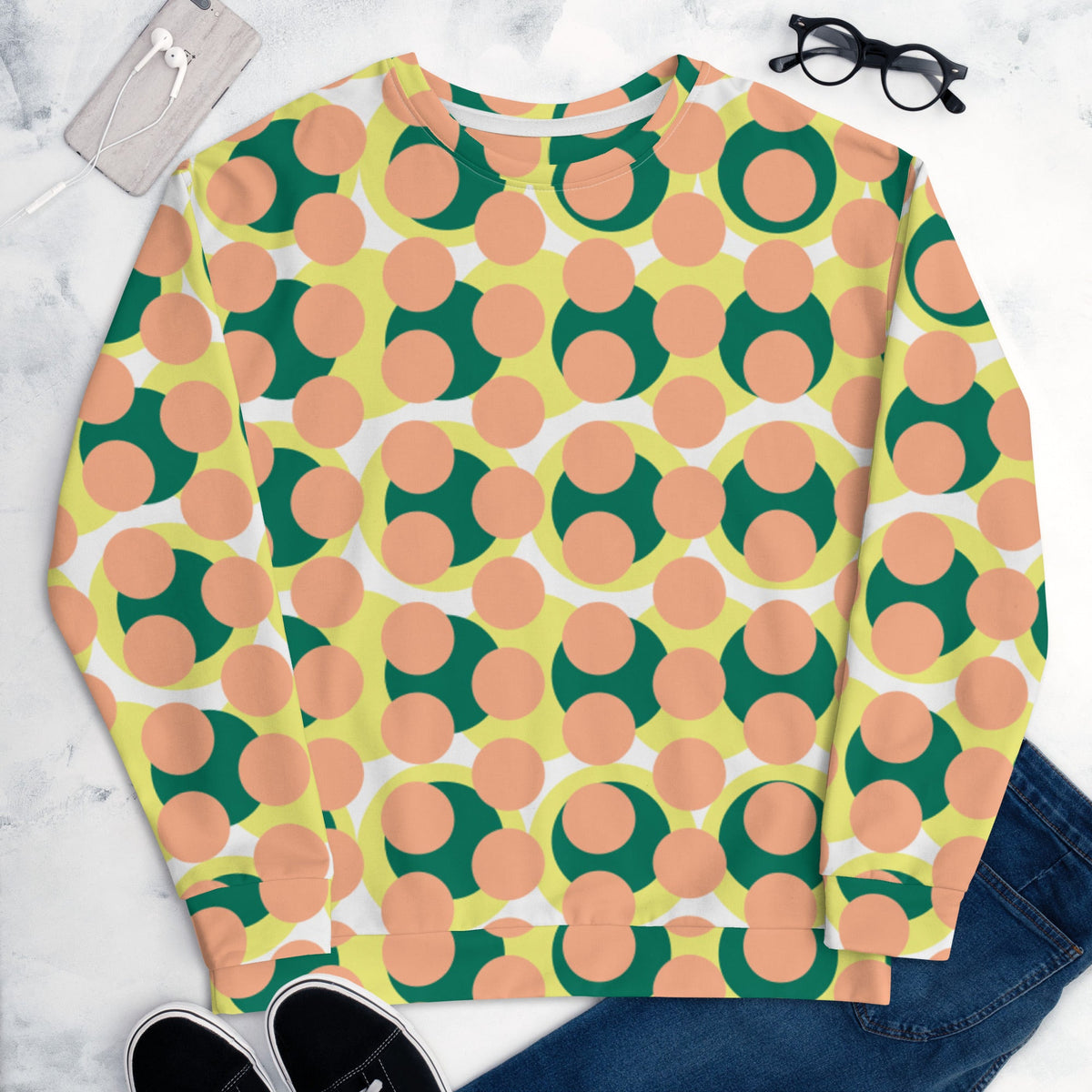 Good Wishes 365 recycled sweatshirt featuring a 70s pop art geometric print in pink, yellow, and forest green.