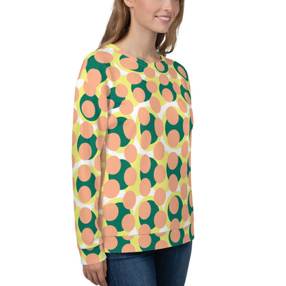 Good Wishes 365 women's recycled sweatshirt featuring a 70s pop art geometric pattern in pink, yellow, and green.