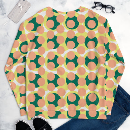 Good Wishes 365 recycled sweatshirt featuring a 70s pop art geometric circle pattern in pink, yellow, and green.