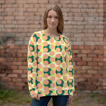 Good Wishes 365 women's recycled crew neck sweatshirt featuring a retro 70s pop art geometric print in pink and green.