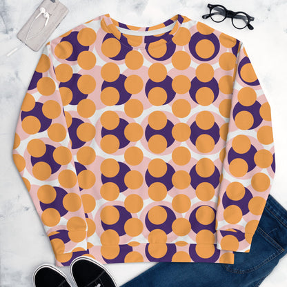 Good Wishes 365 women's recycled sweatshirt with a 70s pop art geometric circle print in orange, purple, and pink.