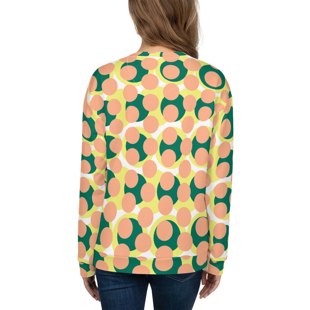 Back view of a Good Wishes 365 recycled sweatshirt featuring a 70s pop art pattern in pink, yellow, and green.