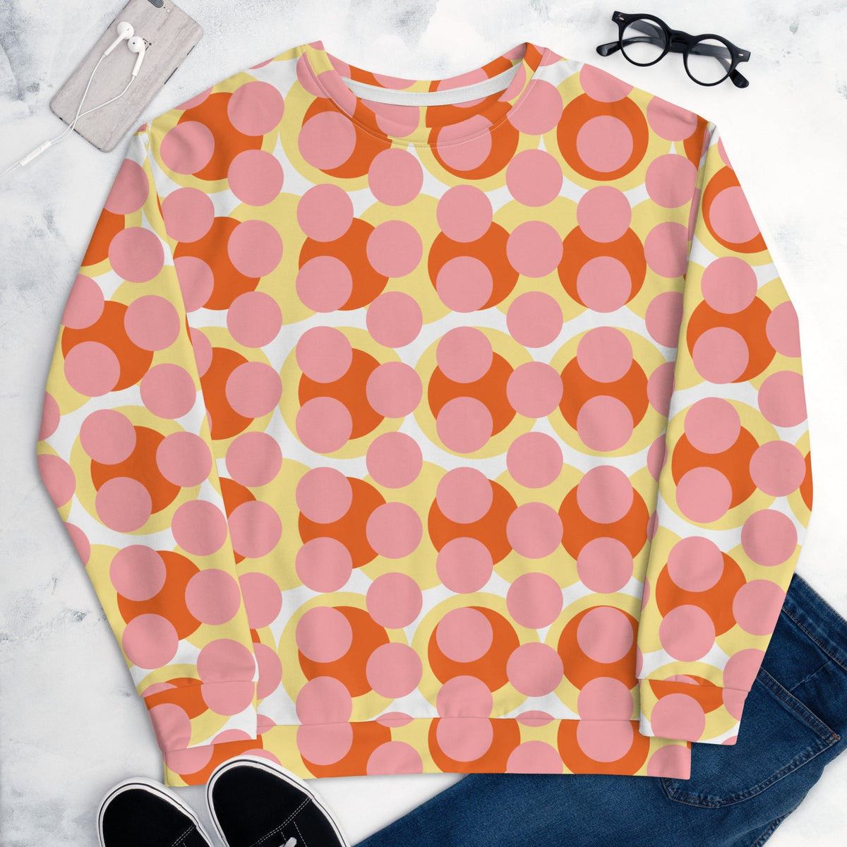 Good Wishes 365 recycled sweatshirt featuring a 70s pop art pink, orange, and yellow geometric circle print