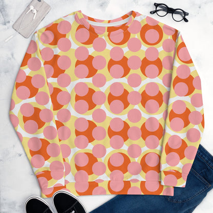 Good Wishes 365 recycled sweatshirt featuring a 70s pop art pink, orange, and yellow geometric circle print