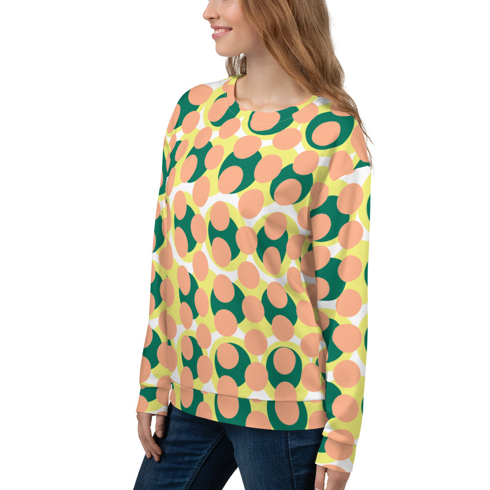 Good Wishes 365 women's recycled crew neck sweatshirt featuring a 70s pop art pattern in pink, yellow, and green.