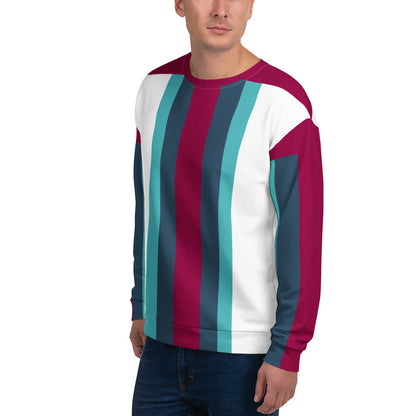 Good Wishes 365 unisex recycled sweatshirt featuring a vertical stripe pattern in burgundy, cello blue, and white.