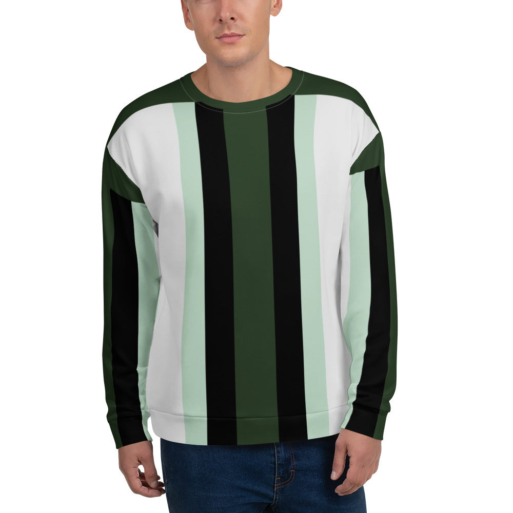 Good Wishes 365 unisex recycled sweatshirt featuring a dark forest green, white, and mint vertical stripe pattern.