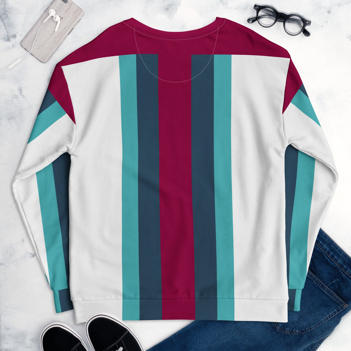 Good Wishes 365 recycled unisex sweatshirt with burgundy, cello blue, and irish blue vertical stripes on white fabric.