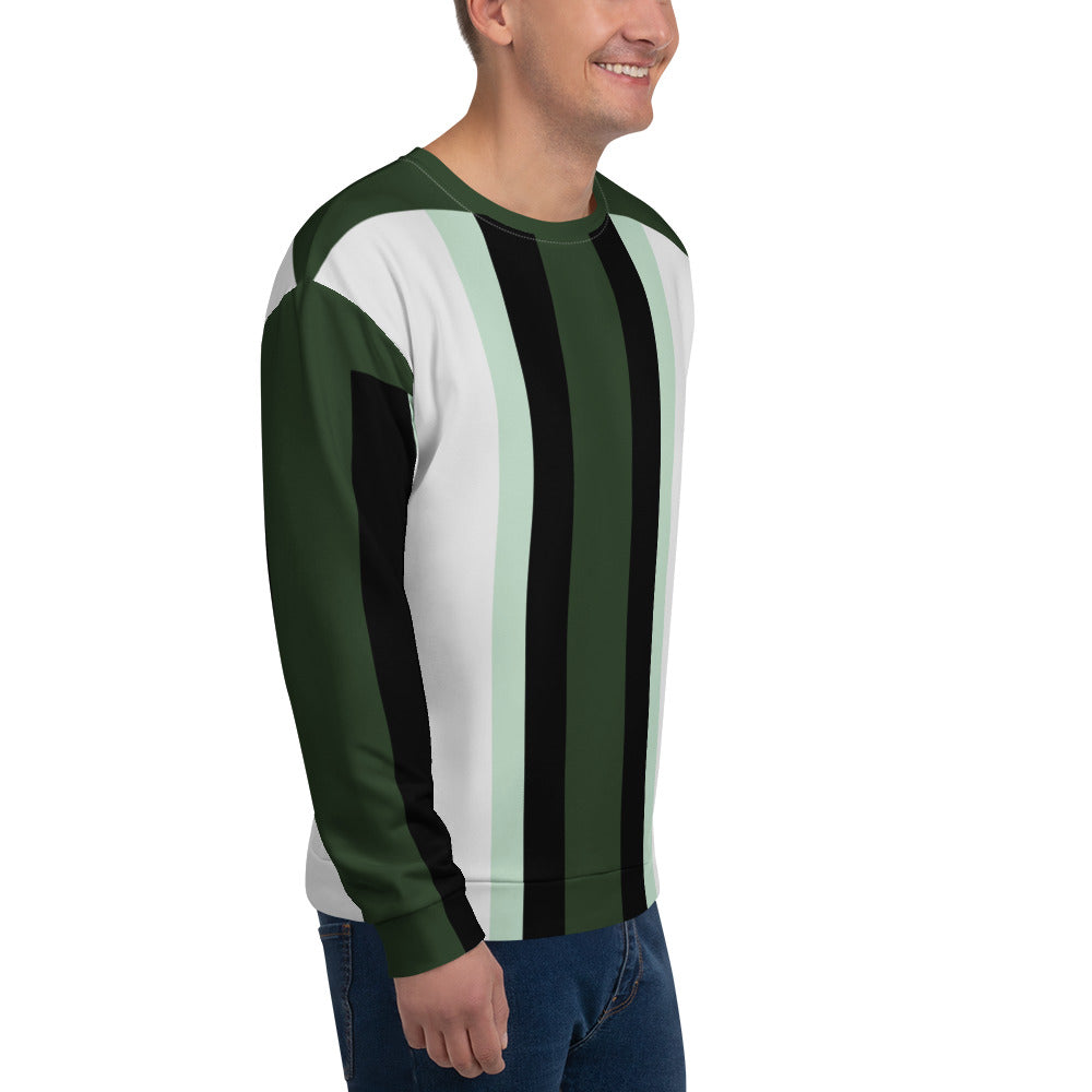Good Wishes 365 recycled unisex sweatshirt in dark forest green, white, and mint with athletic vertical stripe pattern