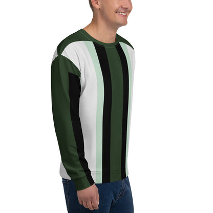 Good Wishes 365 recycled unisex sweatshirt in dark forest green, white, and mint with athletic vertical stripe pattern