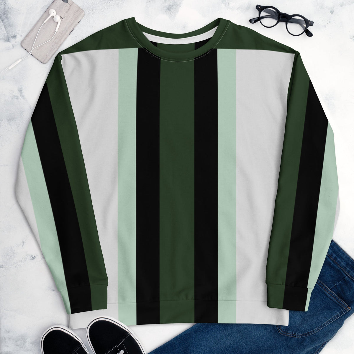 Good Wishes 365 recycled unisex crew neck sweatshirt with dark forest green, white, and mint vertical stripe pattern.
