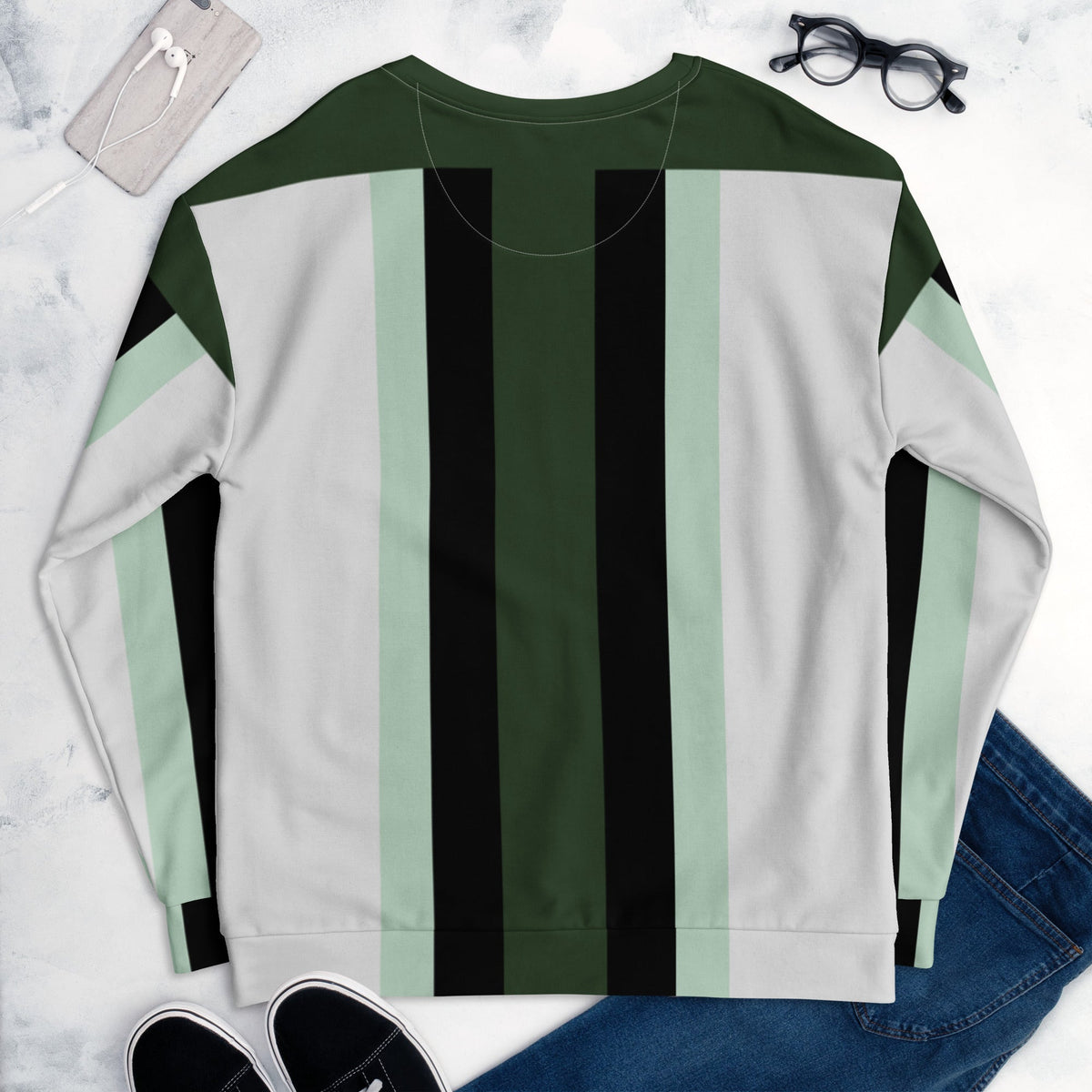 Good Wishes 365 recycled unisex sweatshirt with a dark forest green, white, and mint vertical athletic stripe pattern.