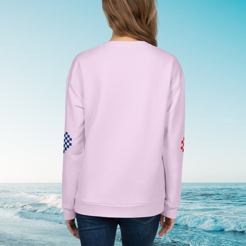 Good Wishes 365 light violet-lavender recycled unisex sweatshirt with pixel heart sleeve detail, back view