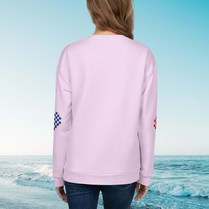 Good Wishes 365 light violet-lavender recycled unisex sweatshirt with pixel heart sleeve detail, back view