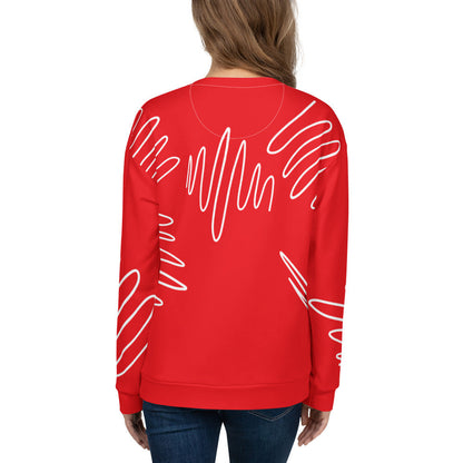 Good Wishes 365 red recycled sweatshirt featuring a white abstract scribble pattern, shown from the back.