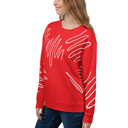 Good Wishes 365 women's red recycled sweatshirt featuring a white abstract scribble line pattern and crew neckline.