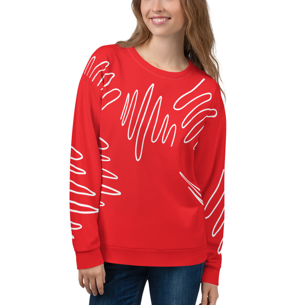 Good Wishes 365 women's red recycled sweatshirt featuring a white abstract scribble line pattern and crew neckline.