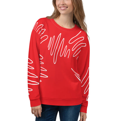 Good Wishes 365 women's red recycled sweatshirt featuring a white abstract scribble line pattern and crew neckline.