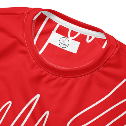 Good Wishes 365 red recycled sweatshirt featuring a white abstract scribble line pattern and a classic crew neckline.
