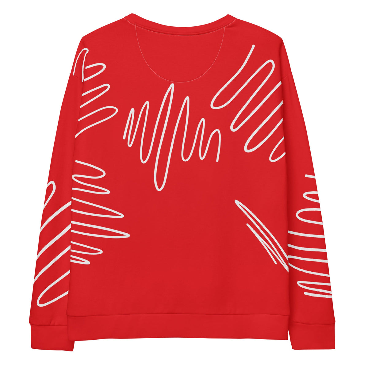 Good Wishes 365 red recycled sweatshirt featuring a white abstract scribble line pattern and a classic crew neckline.