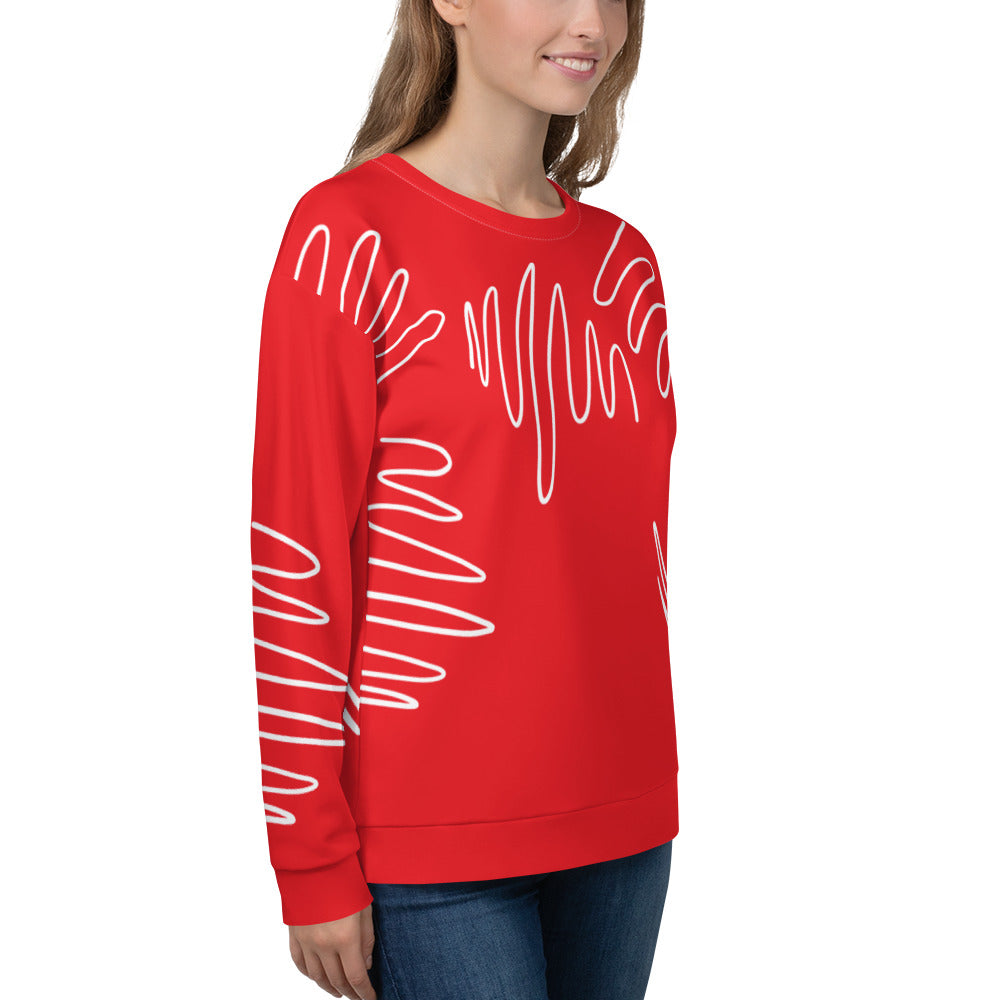 Good Wishes 365 red recycled sweatshirt with white abstract scribble lines worn by a woman in a side profile view