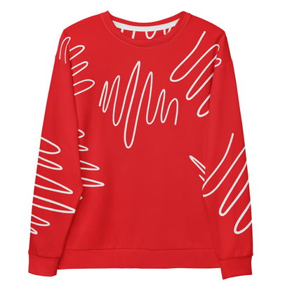 Good Wishes 365 red recycled sweatshirt featuring a white abstract scribble line pattern and classic crew neckline.