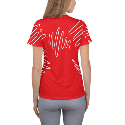 Good Wishes 365 women's red alizarin athletic t-shirt with white abstract line print, back view on a model