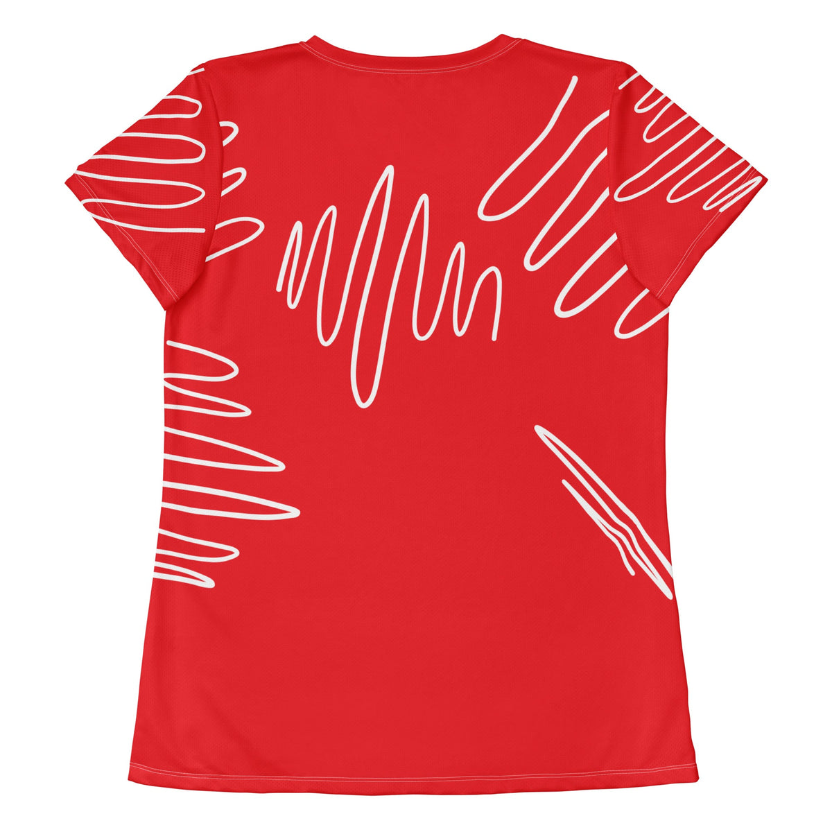 Good Wishes 365 women's red alizarin athletic t-shirt with a white abstract line print, back view.