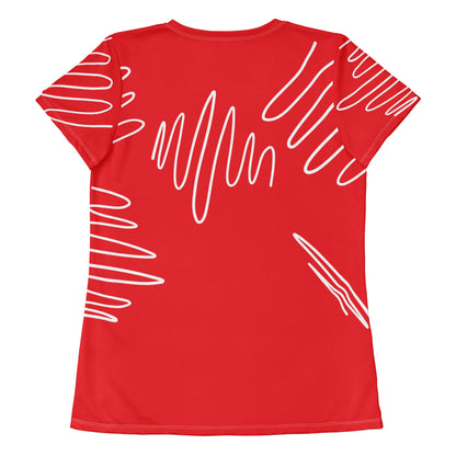 Good Wishes 365 women's red alizarin athletic t-shirt with a white abstract line print, back view.