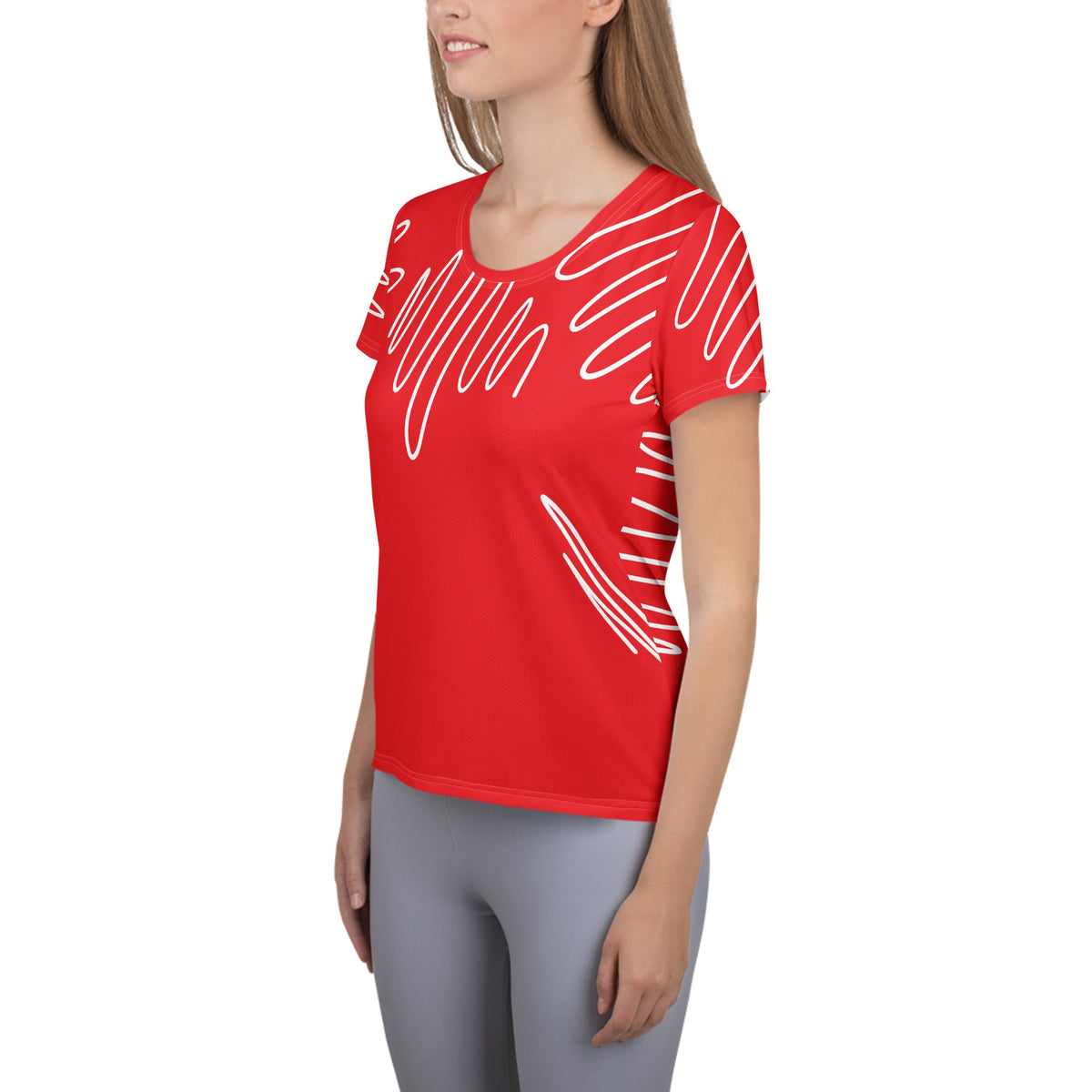 Good Wishes 365 women's red alizarin athletic t-shirt with white abstract line print, worn by a model in profile view.