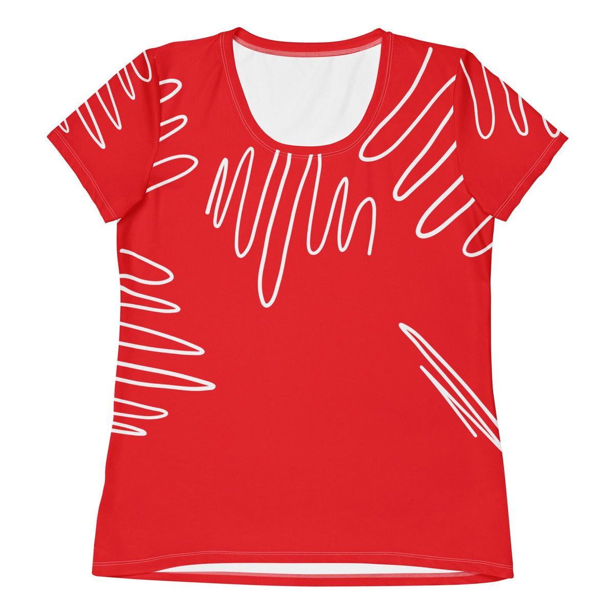 Good Wishes 365 women's red athletic t-shirt with a white abstract line print, made from moisture-wicking fabric.